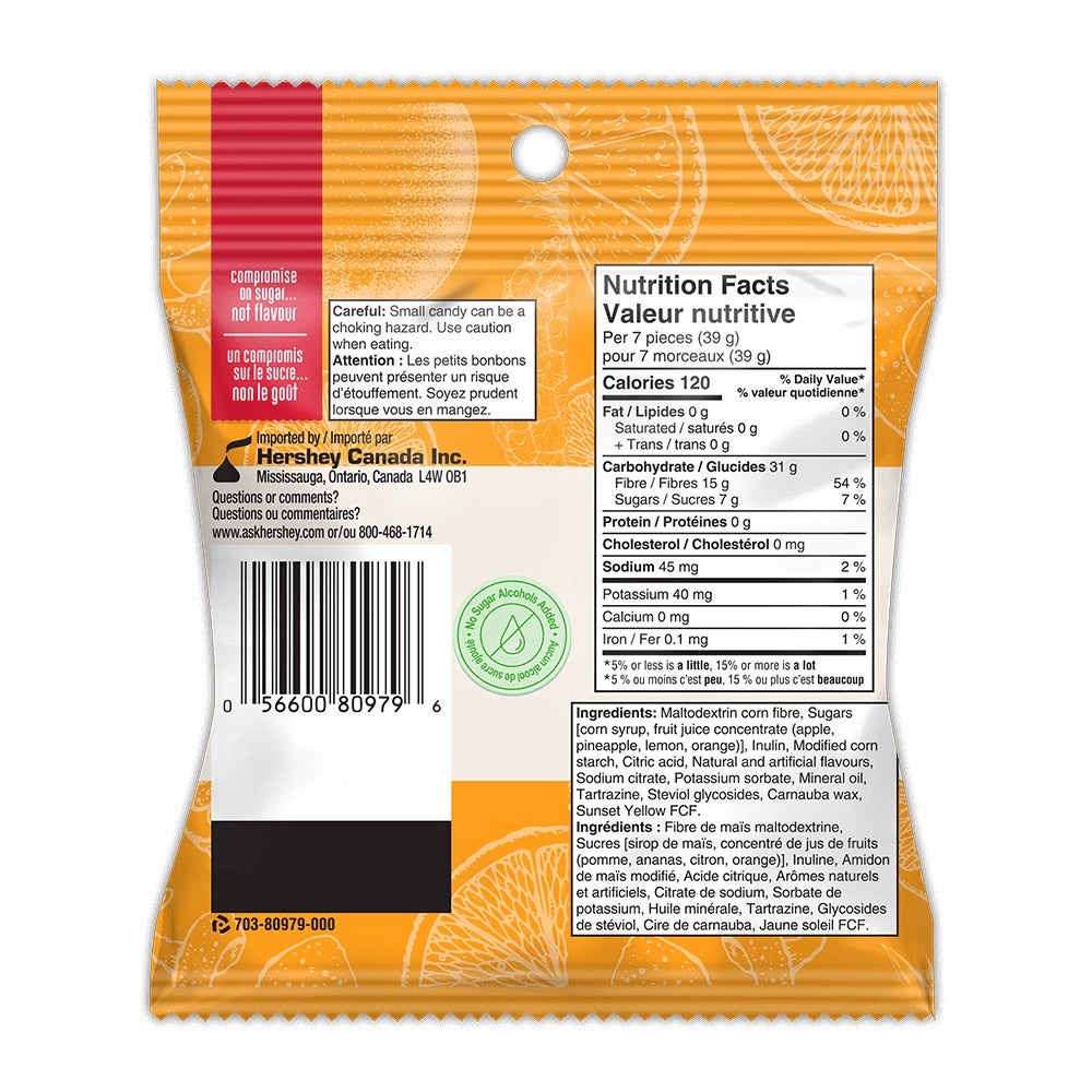 TWIZZLERS GUMMIES PRESS'D Orange Pineapple Lemon, 100g bag - Back of Package