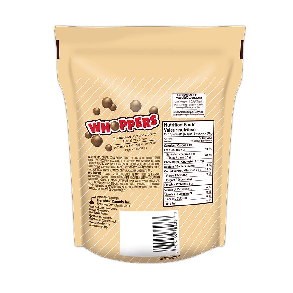 WHOPPERS Malted Milk Candy, 270g bag - Back of Package