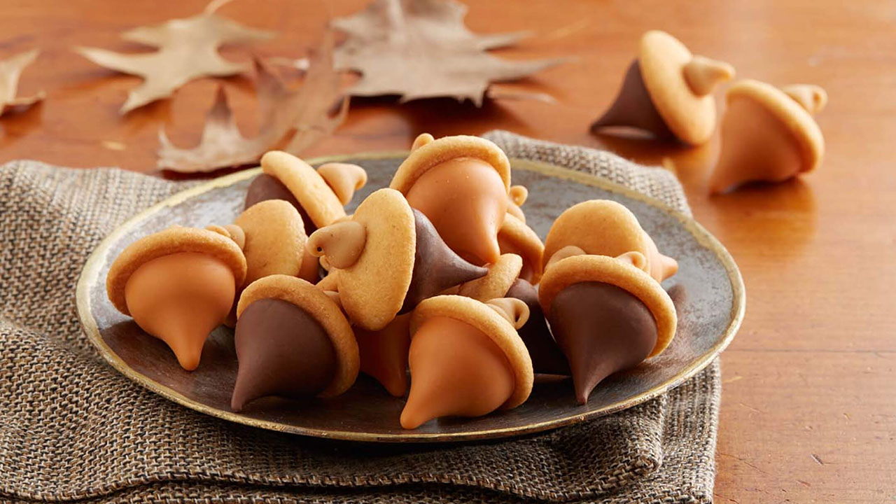 plate of freshly made hersheys kisses acorn candy cookies