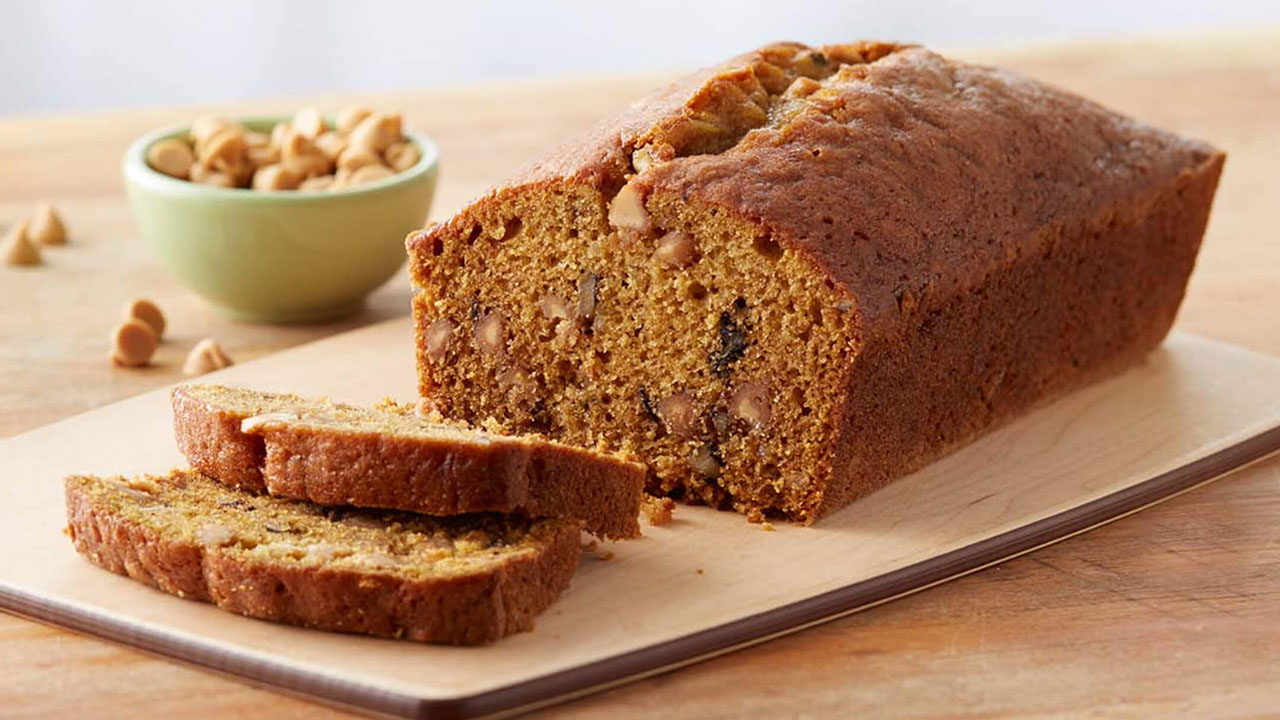 partially sliced loaf of hersheys pumpkin bread