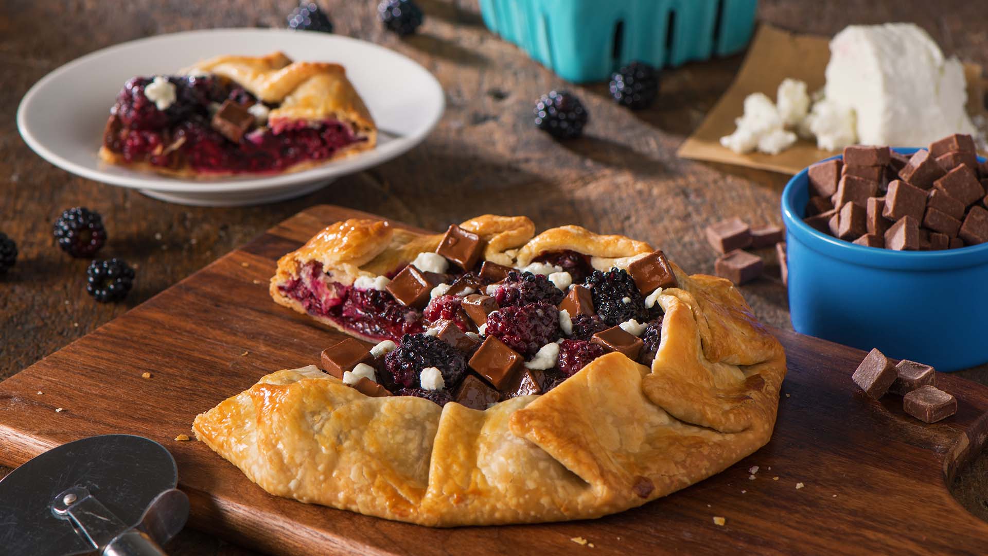 chocolate and goat cheese galette with blackberries recipe
