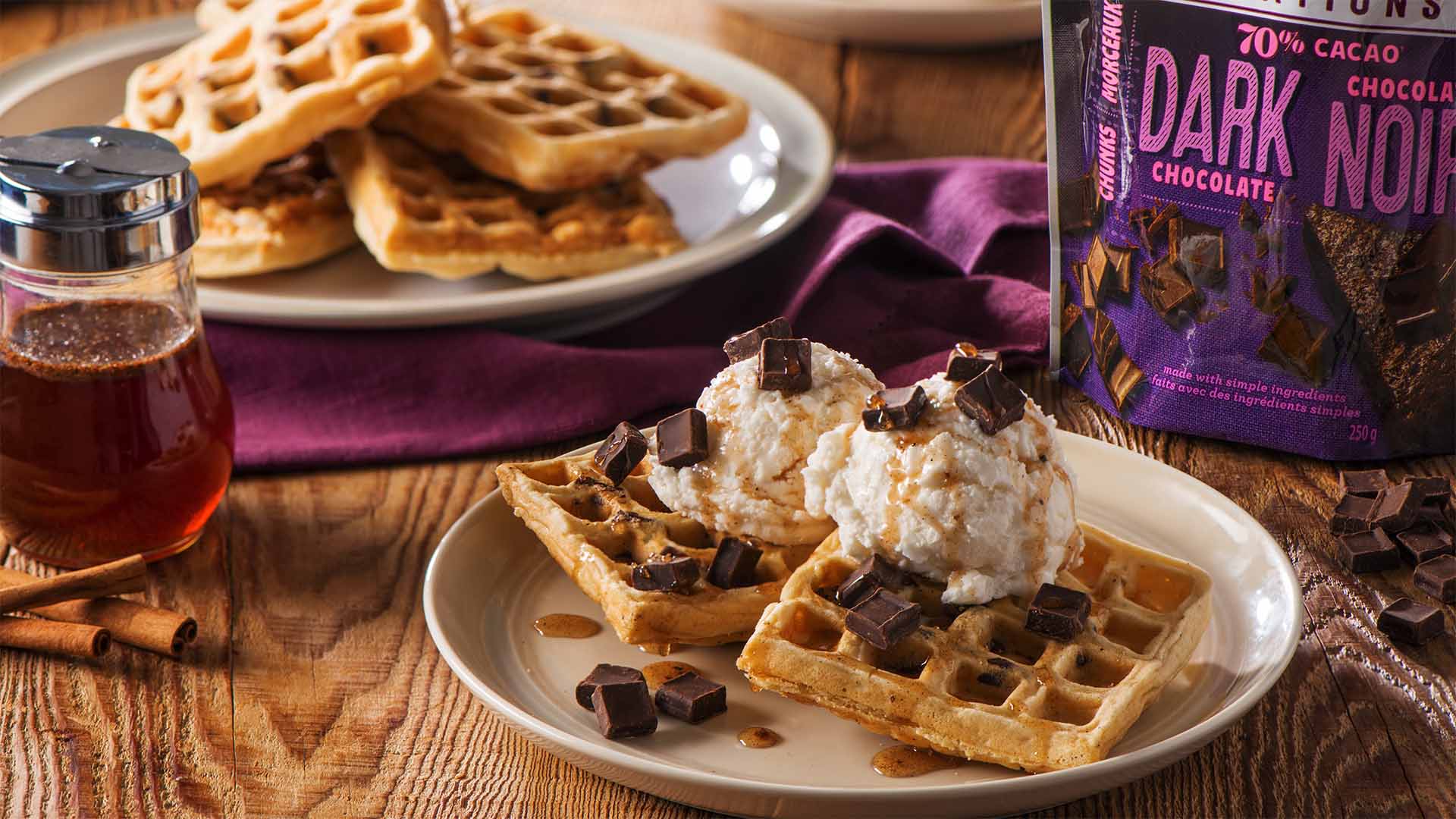 chocolate chunk waffles with spiced maple syrup recipe