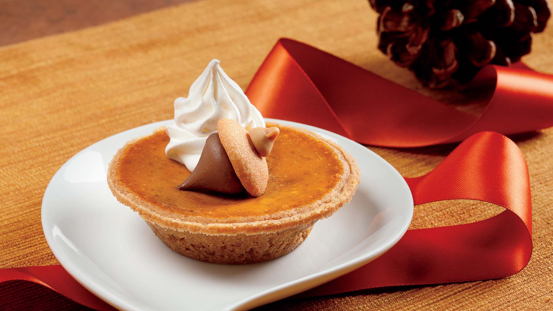 individual toffee pumpkin pie with acorn kisses chocolate recipe