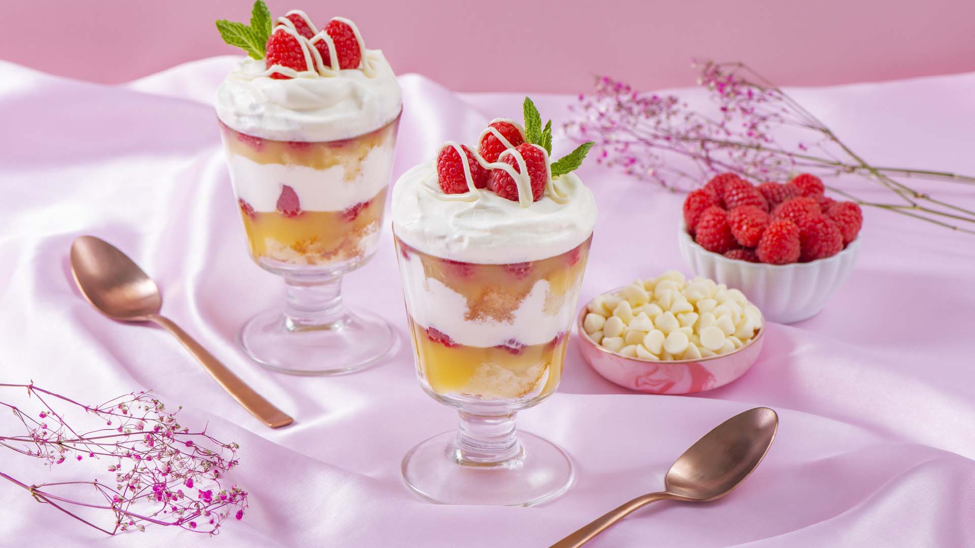 lemon raspberry parfait with white creme mousse