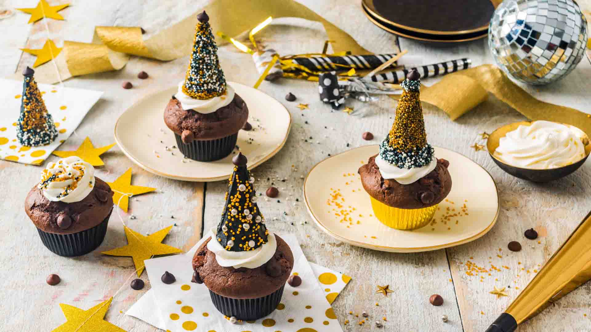 new years eve triple chocolate party hat cupcakes recipe