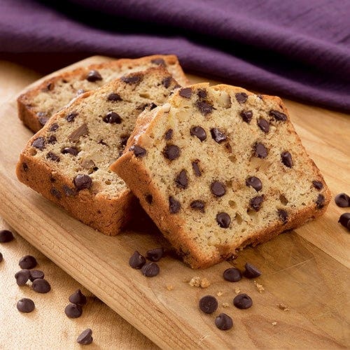 Bread with chocolate chips slided on a cutting board