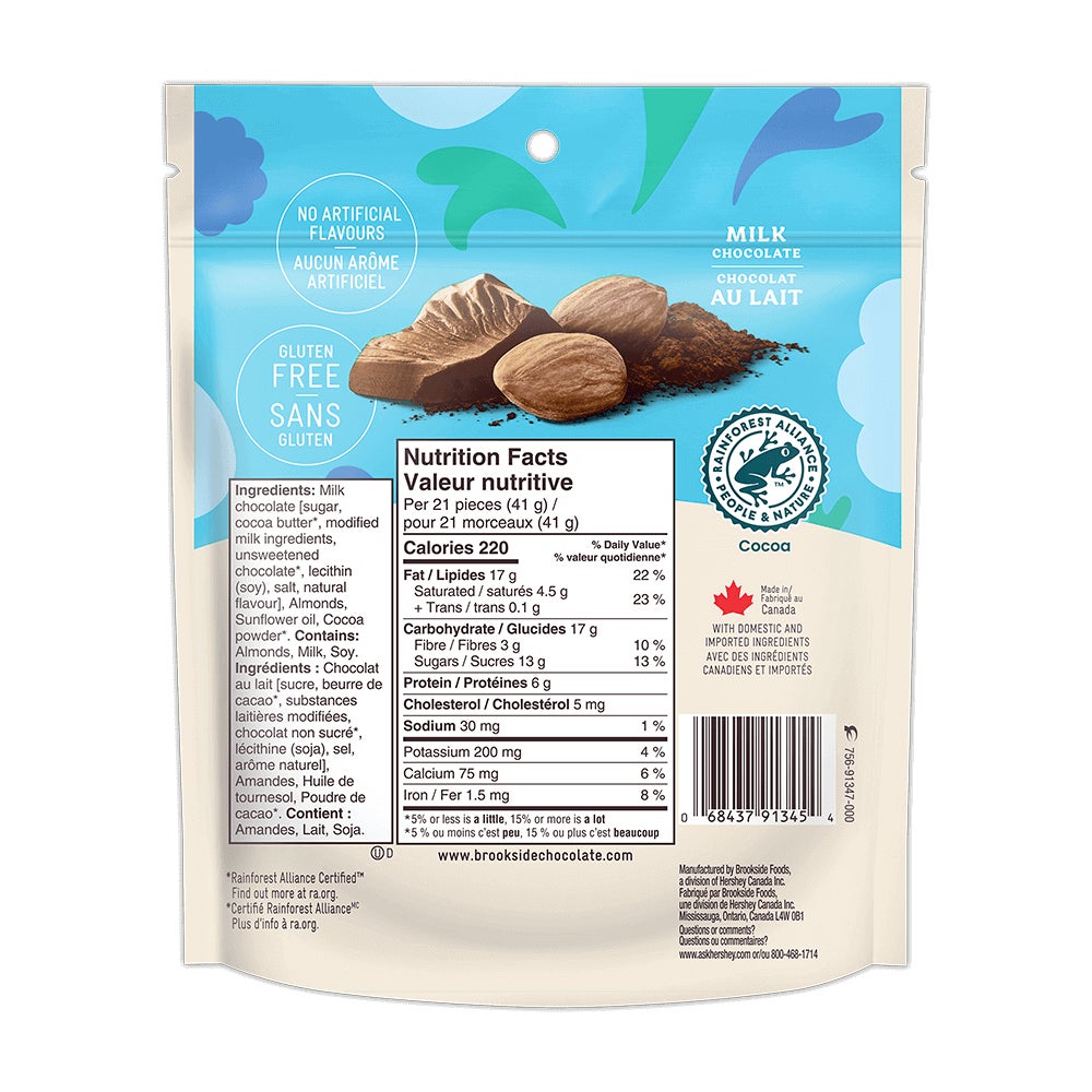 Amandes au chocolat au lait BROOKSIDE SIMPLY THIN, sac de 160 g - Dos de l’emballage