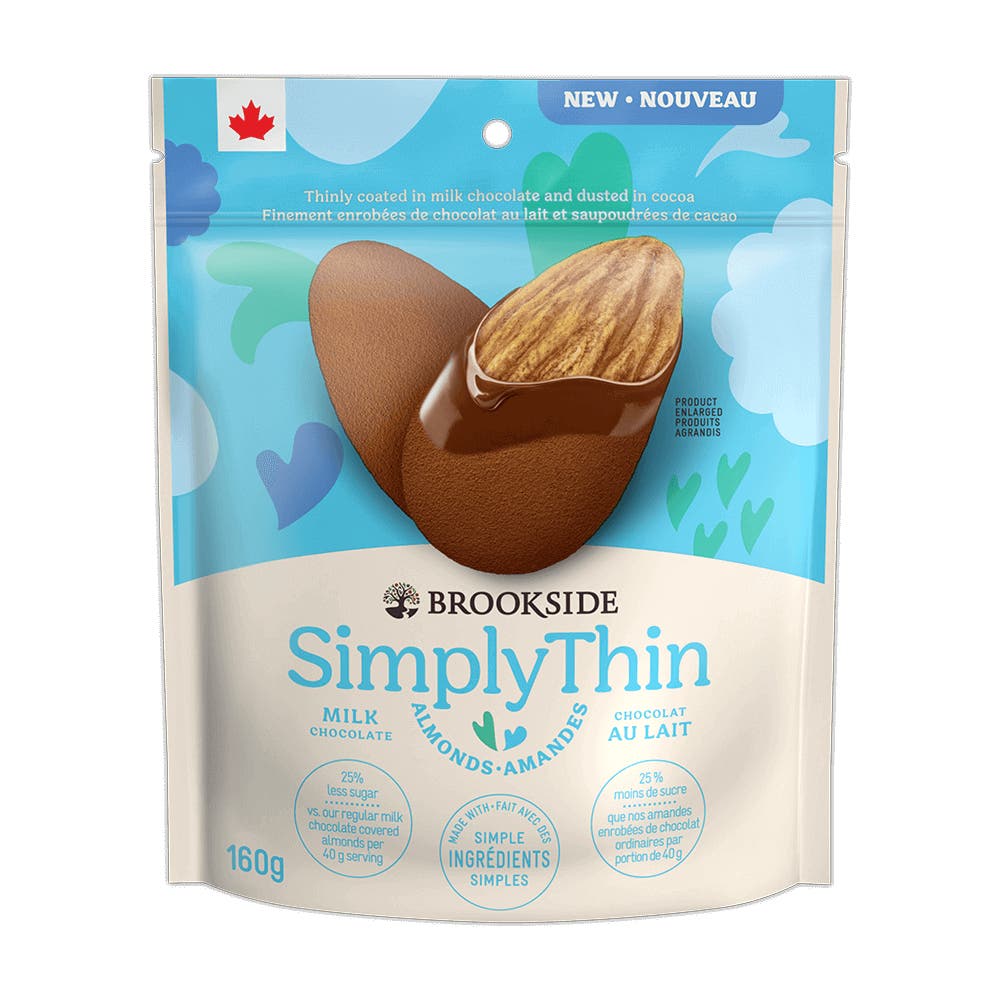 Amandes au chocolat au lait BROOKSIDE SIMPLY THIN, sac de 160 g - Devant de l’emballage