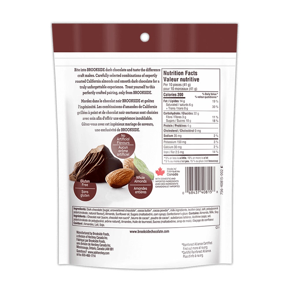 Amandes entières dans du chocolat noir BROOKSIDE, sac de 210 g - Dos de l’emballage