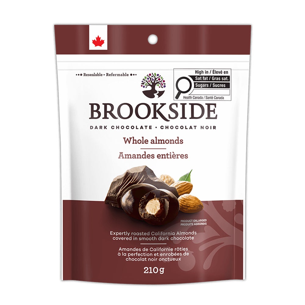 Amandes entières dans du chocolat noir BROOKSIDE, sac de 210 g - Devant de l’emballage