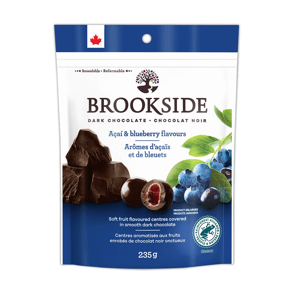 Chocolat noir BROOKSIDE, arômes d’açaïs et de bleuets, sac de 235 g - Devant de l’emballage