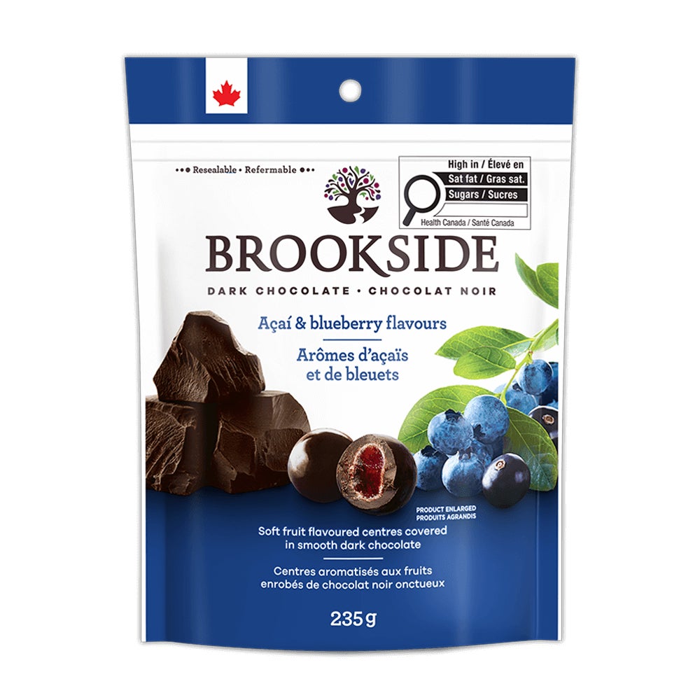 Chocolat noir BROOKSIDE, arômes d’açaïs et de bleuets, sac de 235 g - Devant de l’emballage