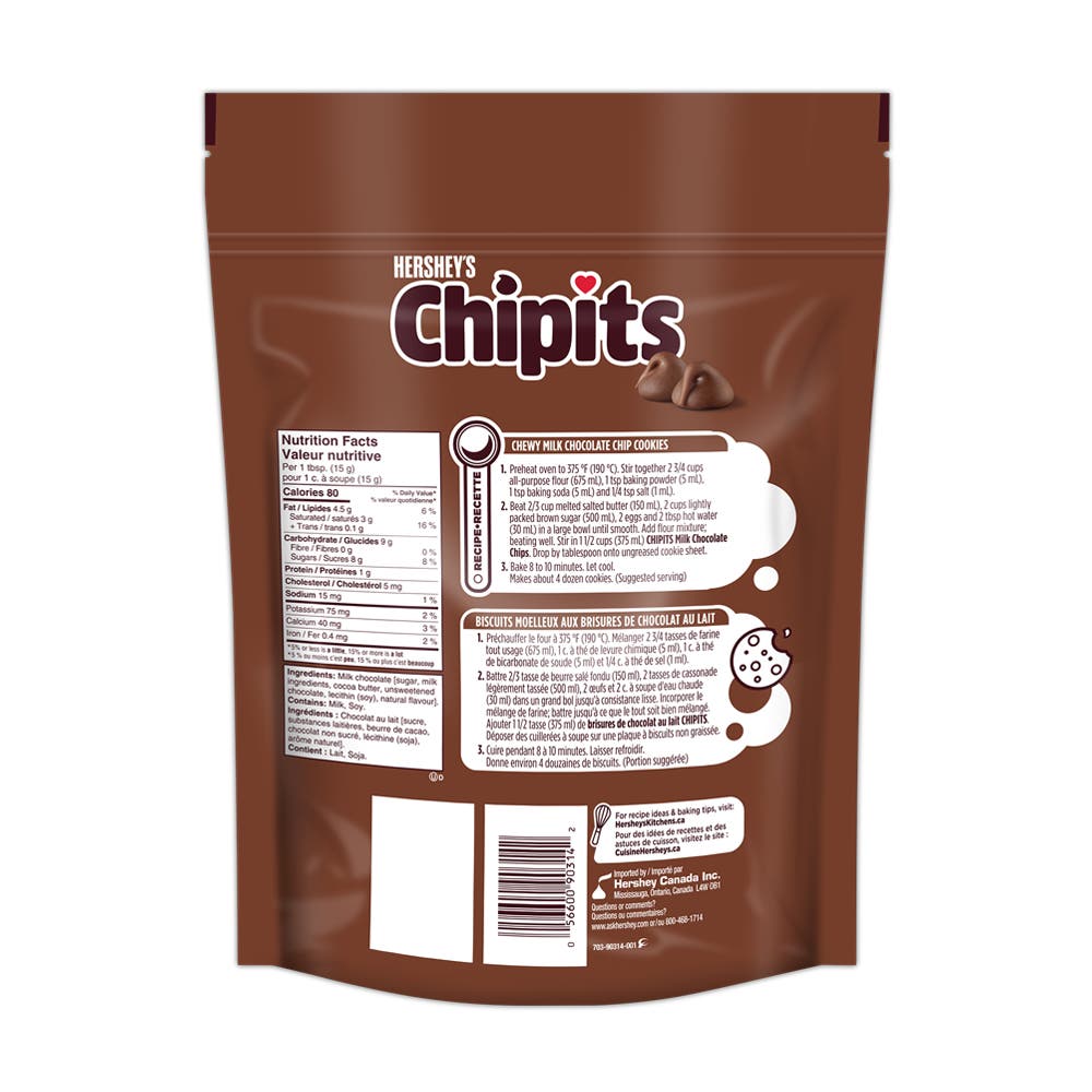 Brisures de chocolat au lait HERSHEY'S CHIPITS, sac de 1.45 kg - Dos de l’emballage