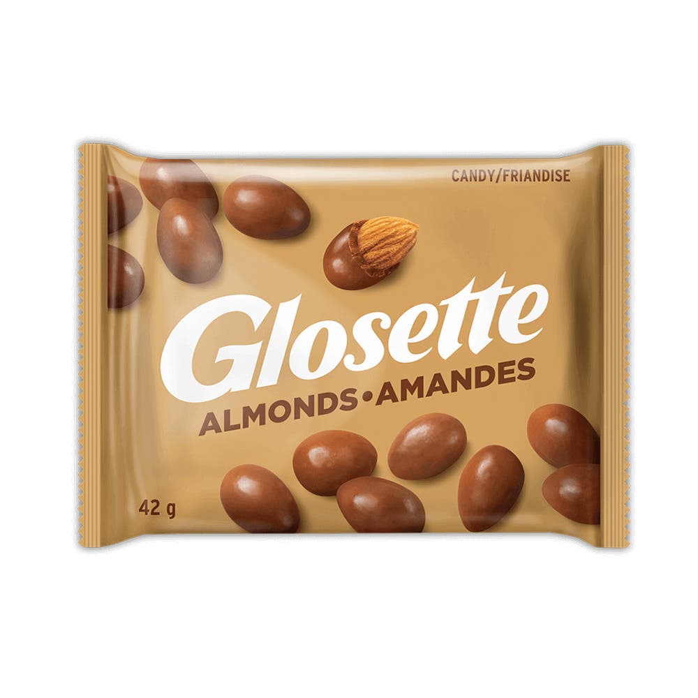 Friandises aux amandes dans un enrobage chocolaté GLOSETTE, sac de 42 g - Devant de l’emballage