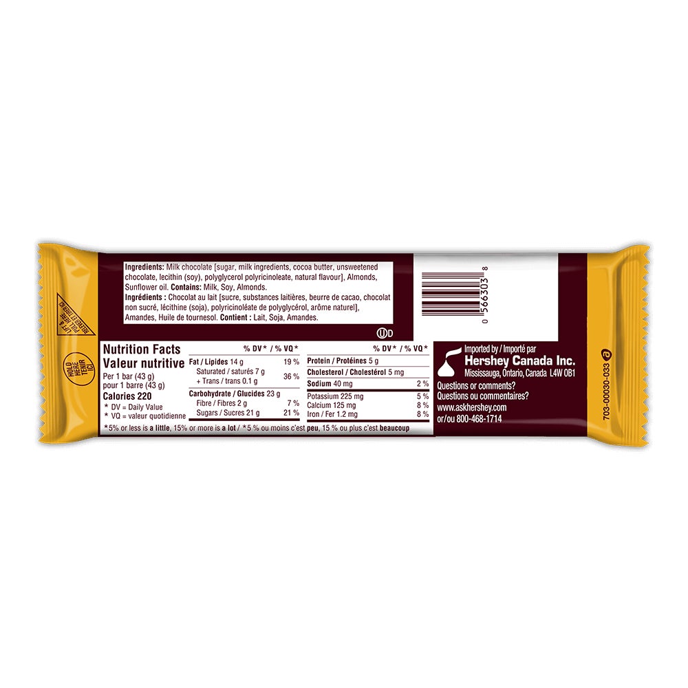 Barre de chocolat au lait crémeux HERSHEY'S avec amandes, 43 g - Dos de l’emballage