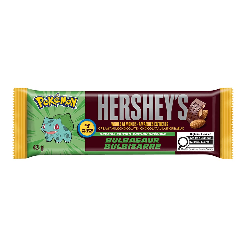 Barre de friandise au chocolat au lait avec amandes Édition spéciale HERSHEY’S Pokémon, 43 g - Devant de l’emballage