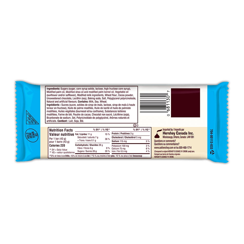 Barre HERSHEY'S COOKIES 'N' CREME, 43 g - Dos de l’emballage