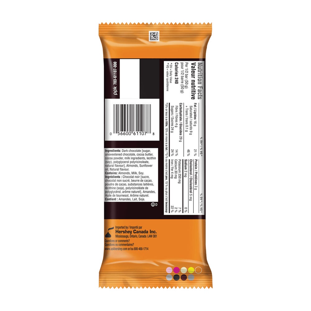 Barre HERSHEY’S NOIR Amandes et arôme de caramel, 100 g​ - Dos de l’emballage