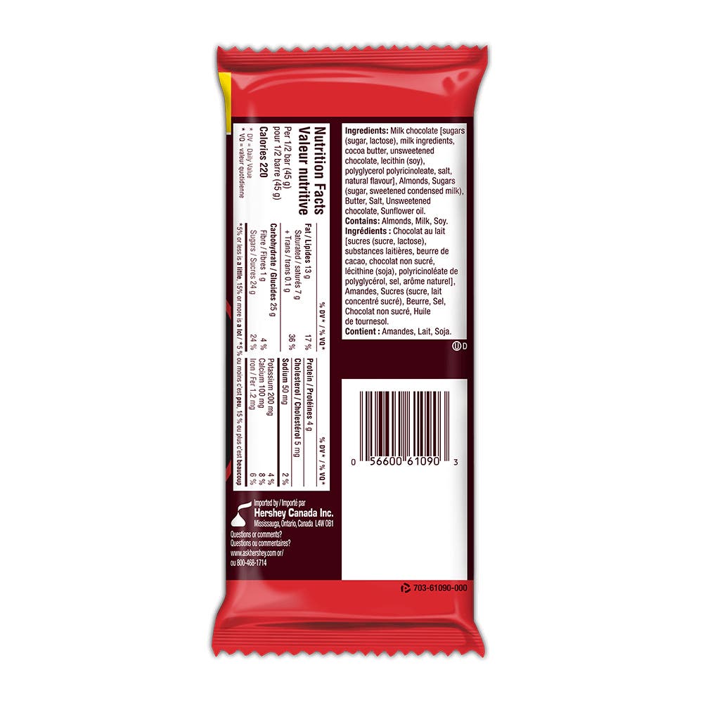 Barre HERSHEY'S SKOR chocolat au lait avec amandes, 90 g - Dos de l’emballage