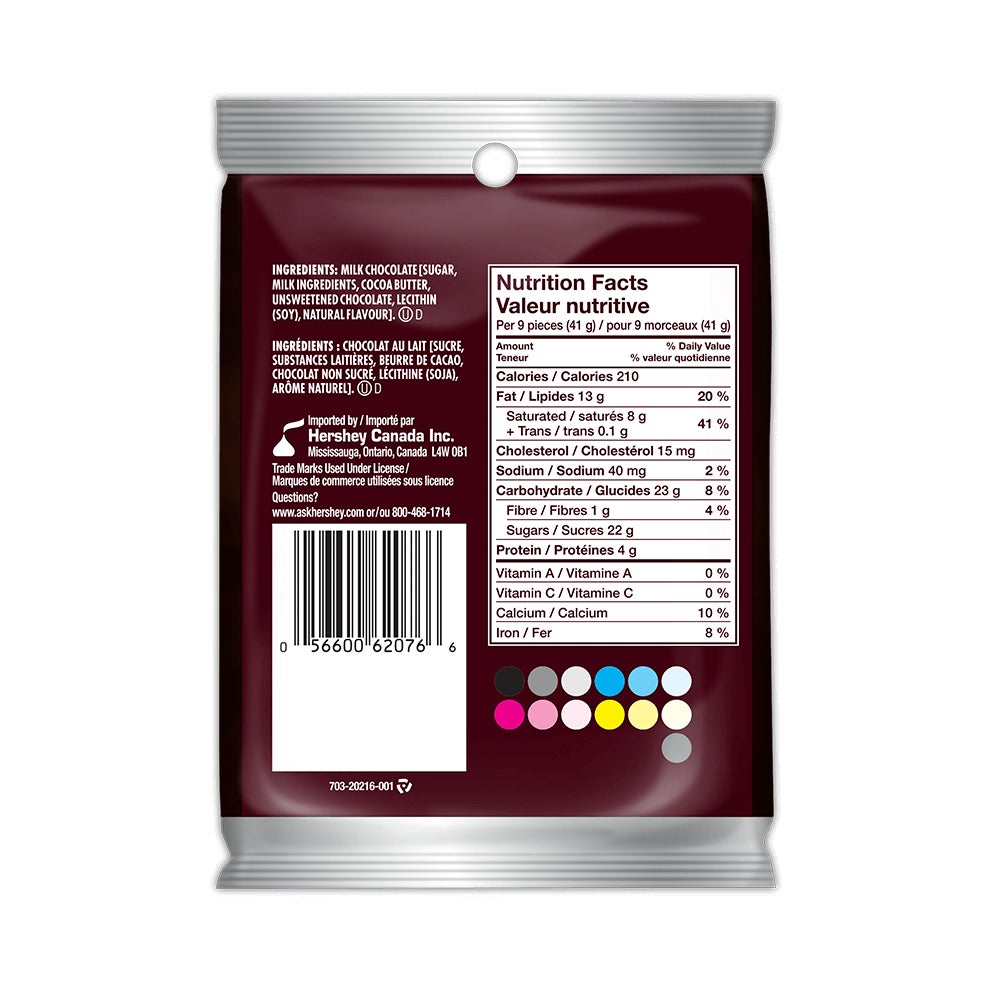 Friandise au chocolat au lait HERSHEY'S KISSES, sac de 104 g - Dos de l’emballage