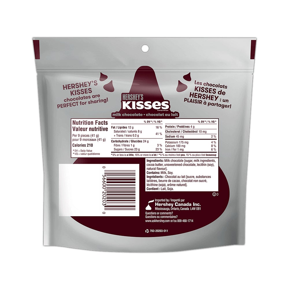 Friandise au chocolat au lait HERSHEY'S KISSES, sac de 200 g - Dos de l’emballage