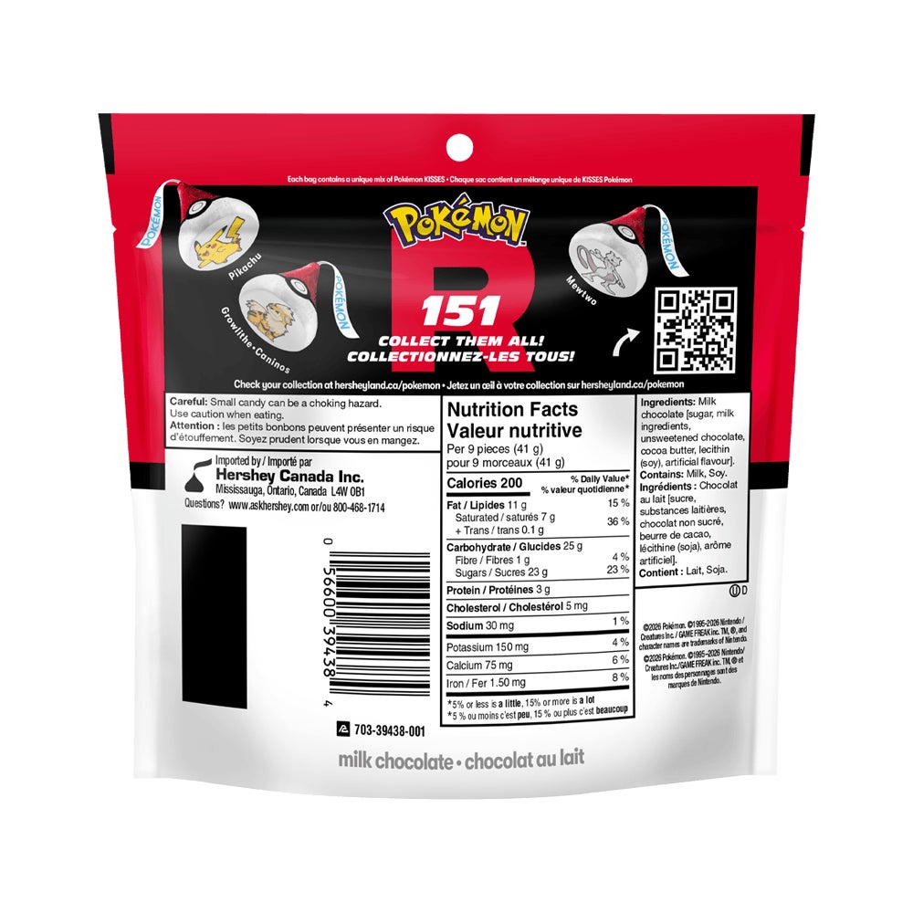 Friandise au chocolat au lait papiers d’aluminium Édition spéciale HERSHEY'S KISSES Pokémon, sac de 180 g - Dos de l’emballage
