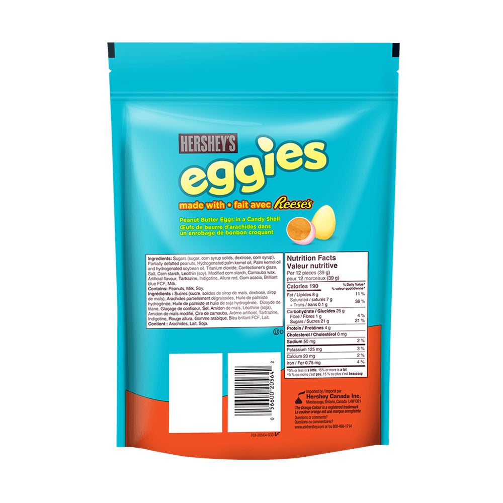 Œufs au beurre d’arachides REESE’S enrobés de friandise HERSHEY'S EGGIES, sac de 900 g - Dos de l’emballage