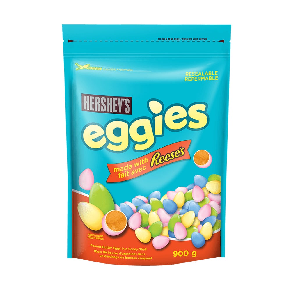 Œufs au beurre d’arachides REESE’S enrobés de friandise HERSHEY'S EGGIES, sac de 900 g - Devant de l’emballage