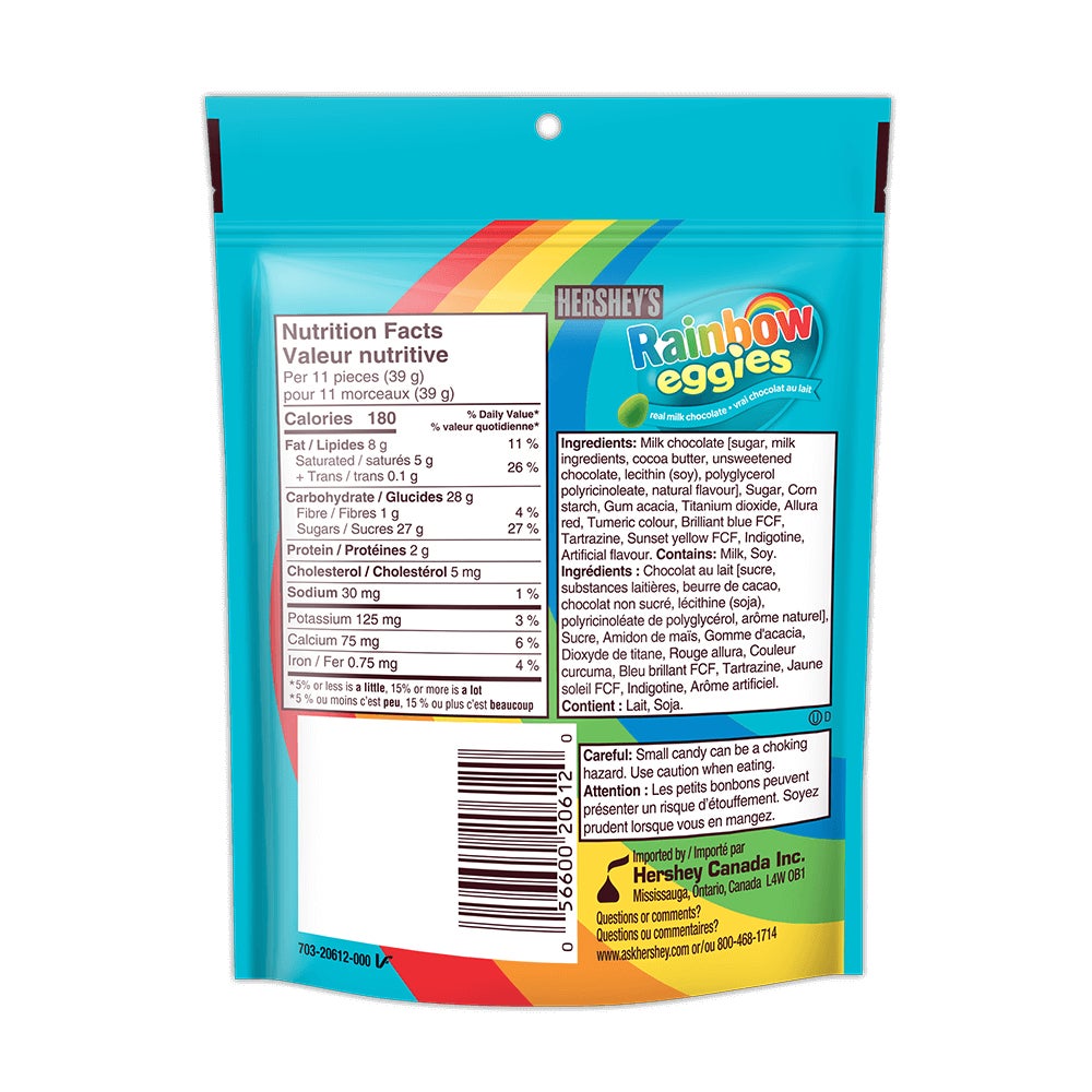 Œufs de chocolat au lait enrobés de friandise HERSHEY'S EGGIES Rainbow, sac de 200 g - Dos de l’emballage