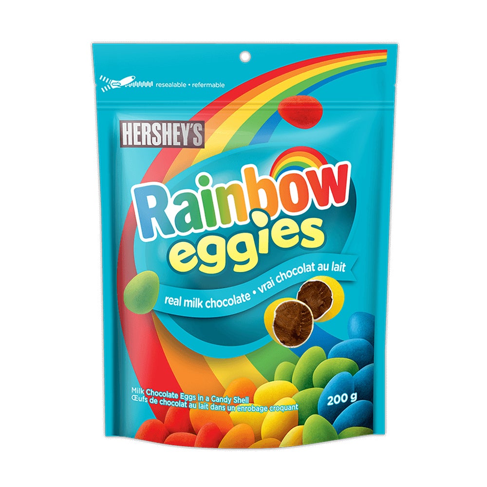 Œufs de chocolat au lait enrobés de friandise HERSHEY'S EGGIES Rainbow, sac de 200 g - Devant de l’emballage