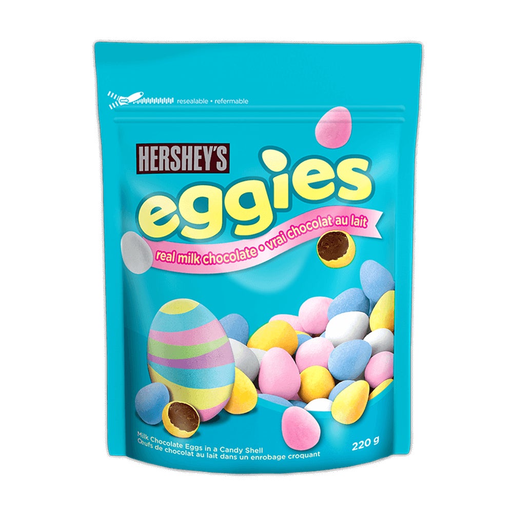 Œufs de chocolat au lait enrobés de friandise HERSHEY'S EGGIES, sac de 220 g - Devant de l’emballage