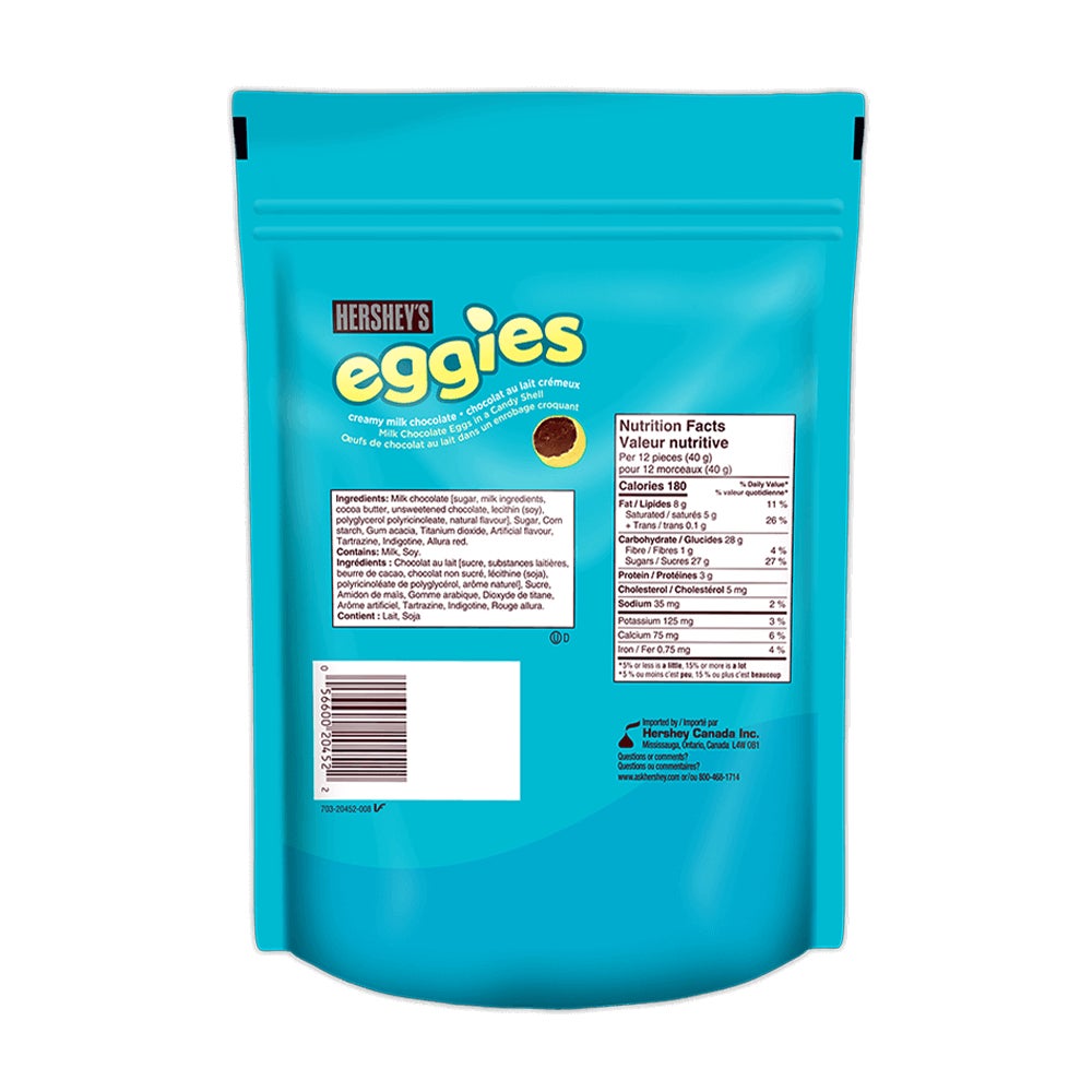 Œufs de chocolat au lait enrobés de friandise HERSHEY'S EGGIES, sac de 900 g - Dos de l’emballage