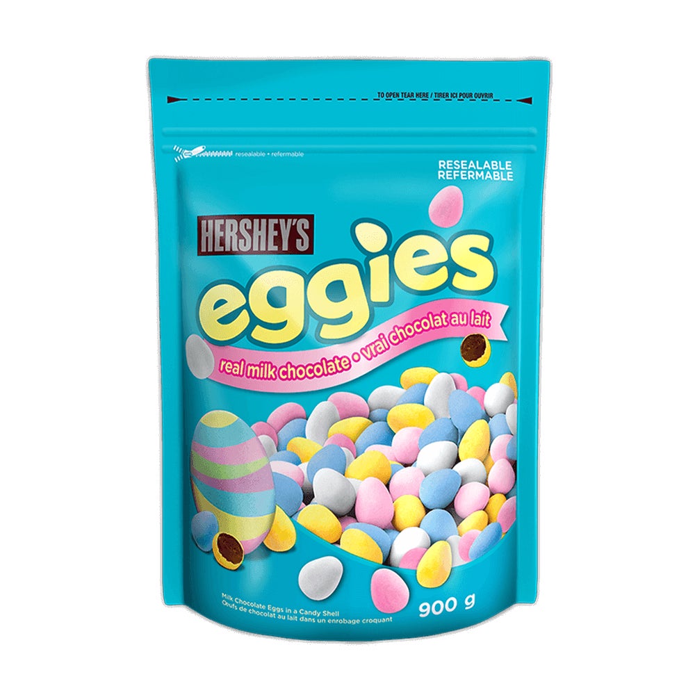 Œufs de chocolat au lait enrobés de friandise HERSHEY'S EGGIES, sac de 900 g - Devant de l’emballage