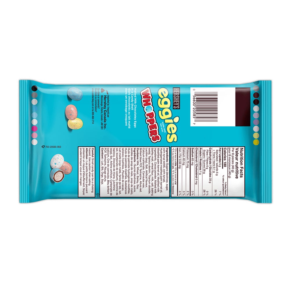 Œufs de chocolat au lait malté WHOPPERS enrobés de friandise HERSHEY'S EGGIES, sac de 340 g - Dos de l’emballage