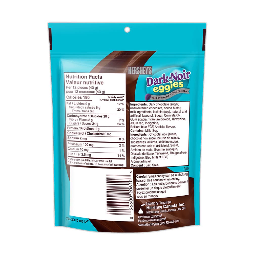 Œufs de chocolat noir enrobés de friandise HERSHEY'S EGGIES, sac de 200 g - Dos de l’emballage