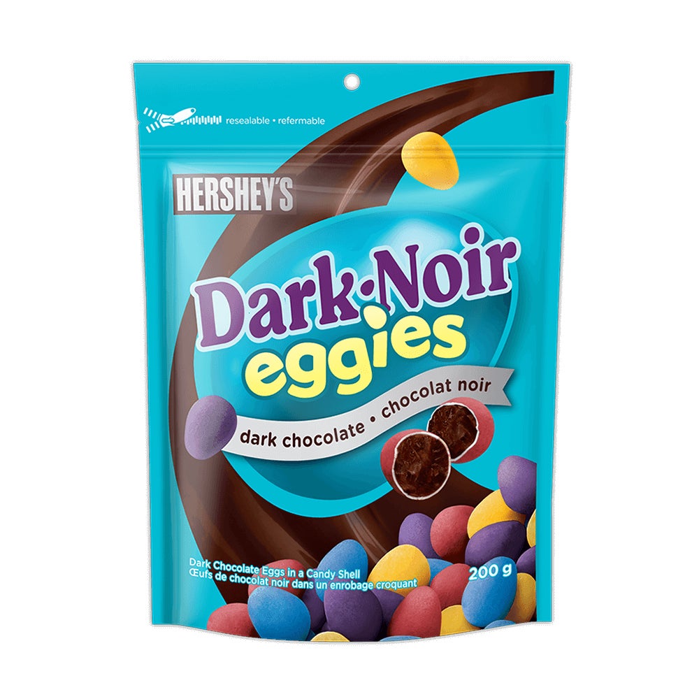 Œufs de chocolat noir enrobés de friandise HERSHEY'S EGGIES, sac de 200 g - Devant de l’emballage