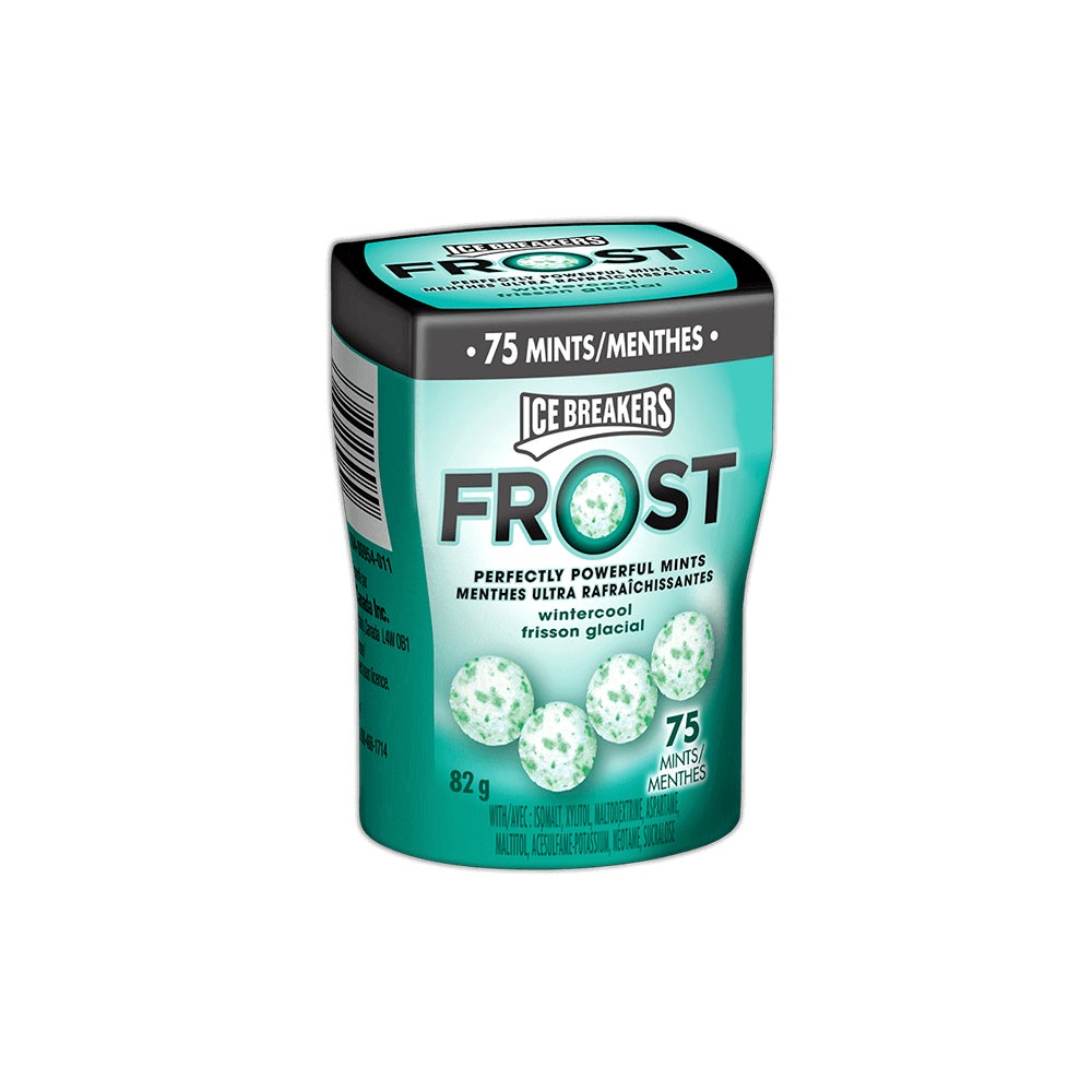 Menthes ICE BREAKERS FROST frisson glacial, bouteille de 82 g, 75 morceaux - Devant de l’emballage
