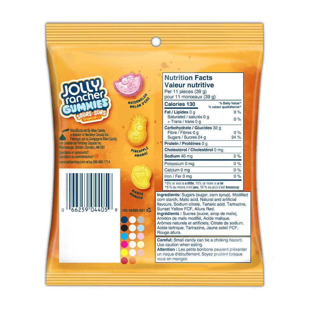 Bonbons gommeux JOLLY RANCHER Gummies surs tropical, sac de 182 g - Dos de l’emballage