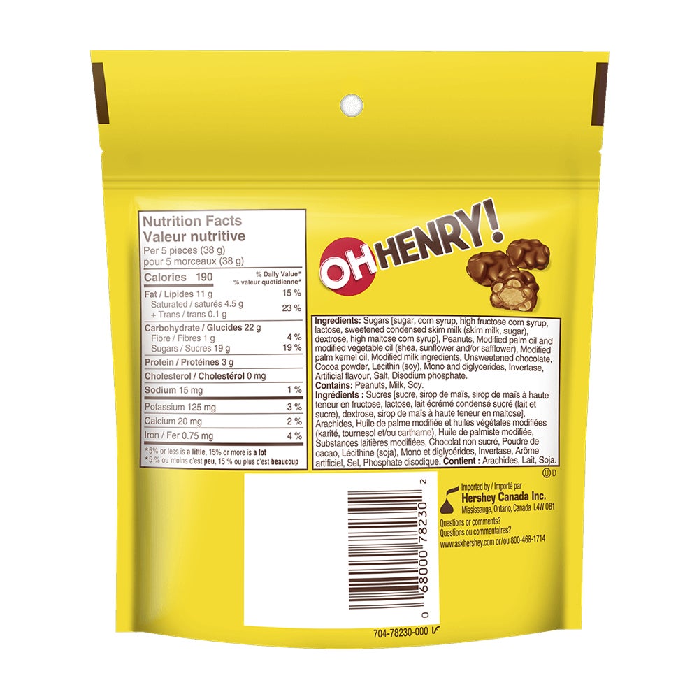 Bouchées de friandises chocolatées OH HENRY!, sac de 200 g - Dos de l’emballage