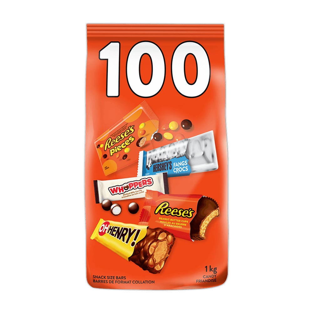 Assortiment de friandise format collation d’Halloween de Hershey's, sac de 1 kg, 100 morceaux - Devant de l’emballage