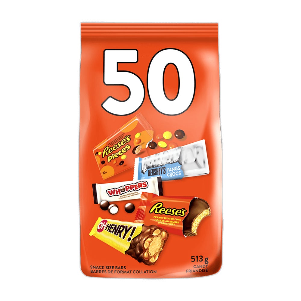 Assortiment de friandise format collation d’Halloween de Hershey's, sac de 513 g, 50 morceaux - Devant de l’emballage