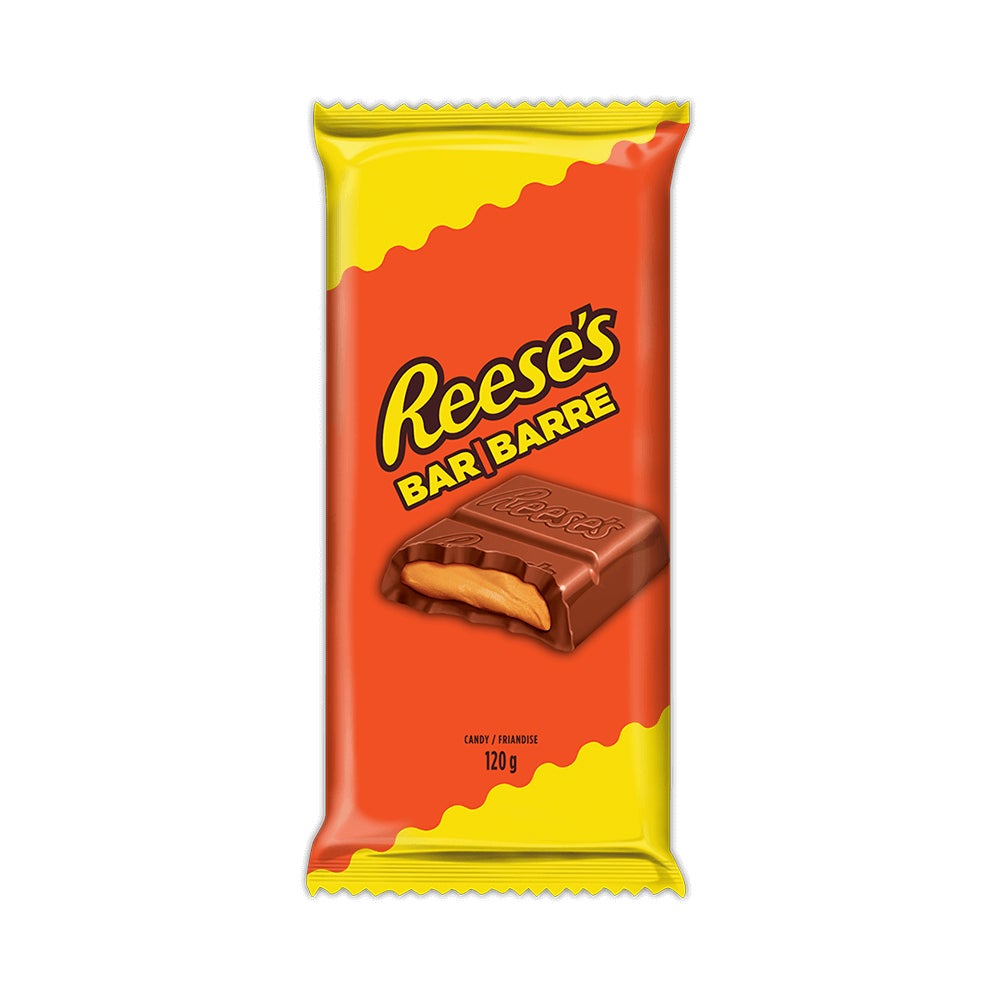 Barre de friandise familiale au beurre d’arachides et au chocolat au lait REESE'S, 120 g - Devant de l’emballage