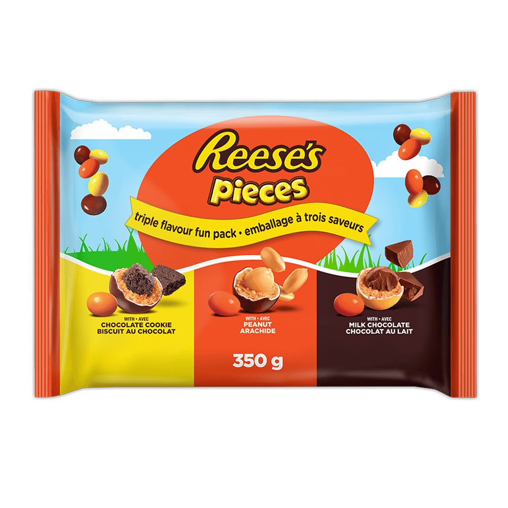 Emballages de friandises à trois saveurs REESE'S PIECES, sac de 350 g - Devant de l’emballage