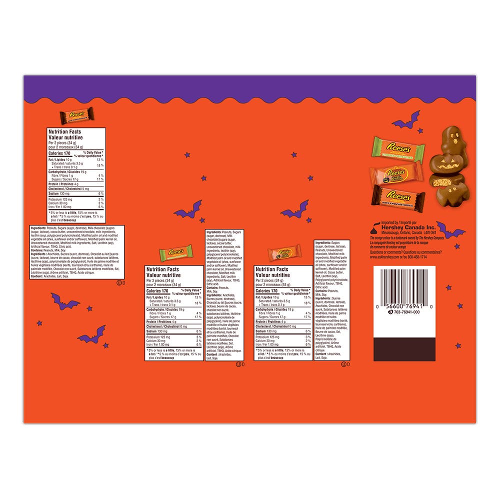 Formes assorties d’Halloween au chocolat au lait et au beurre d’arachides REESE’S, sac de 595 g - Dos de l’emballage