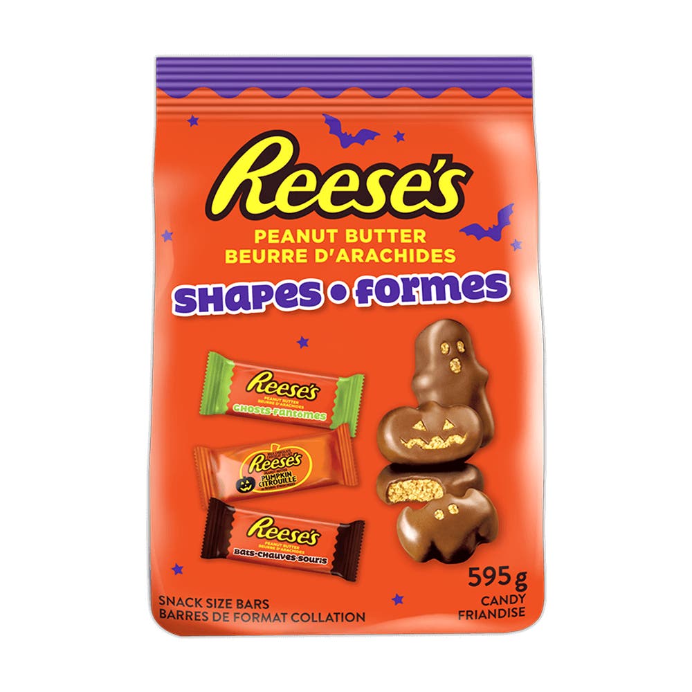 Formes assorties d’Halloween au chocolat au lait et au beurre d’arachides REESE’S, sac de 595 g - Devant de l’emballage