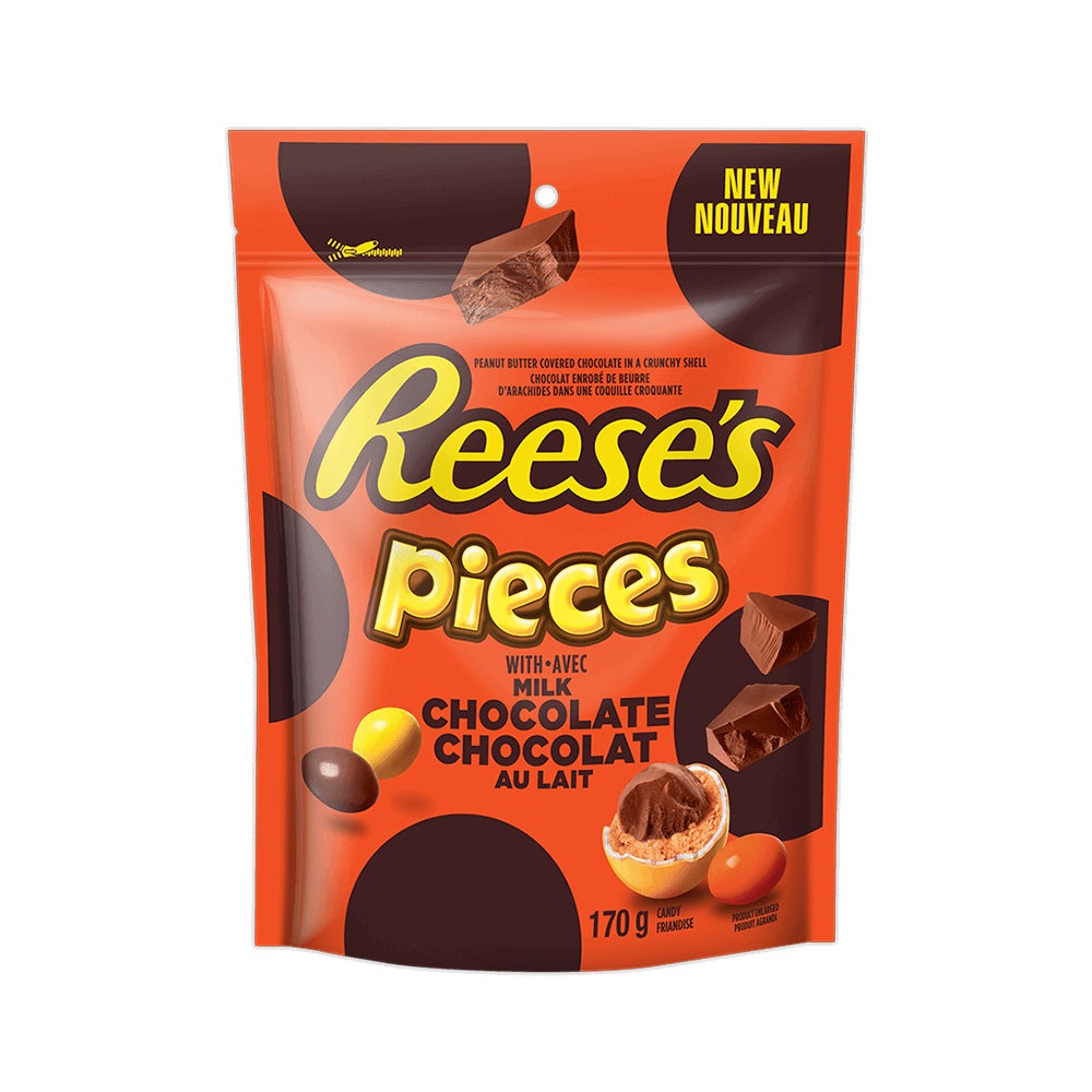 Friandises au beurre d’arachides avec chocolat au lait REESE'S PIECES, sac de 170 g - Devant de l’emballage