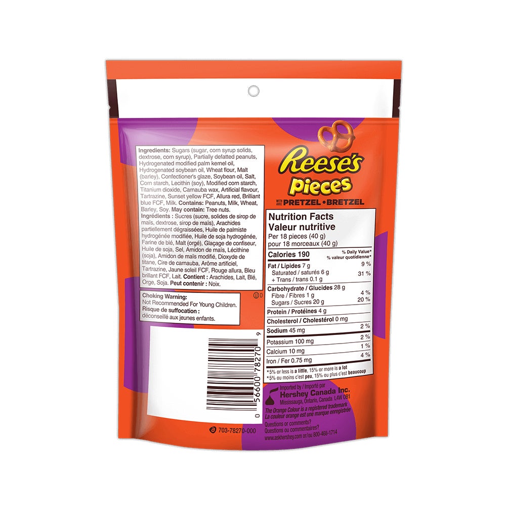 Friandises au beurre d’arachides REESE'S PIECES avec bretzels, sac de 170 g - Dos de l’emballage