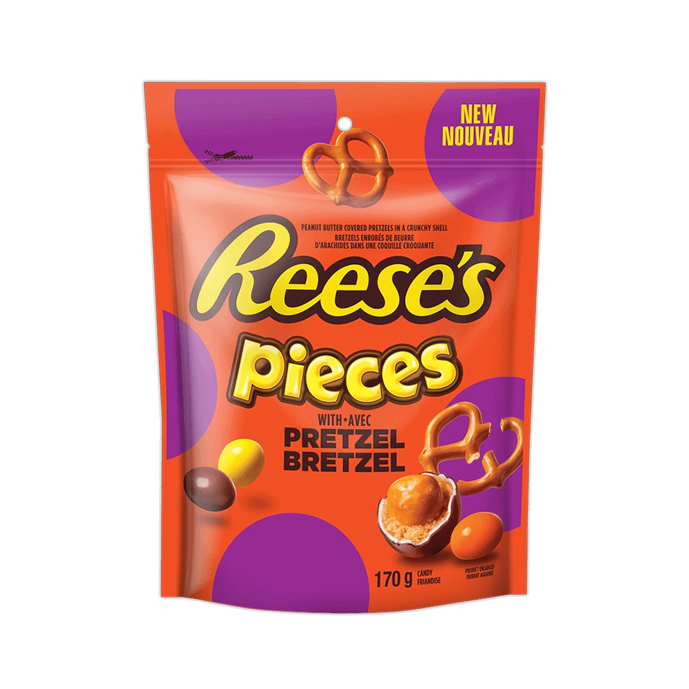 Friandises au beurre d’arachides REESE'S PIECES avec bretzels, sac de 170 g - Devant de l’emballage