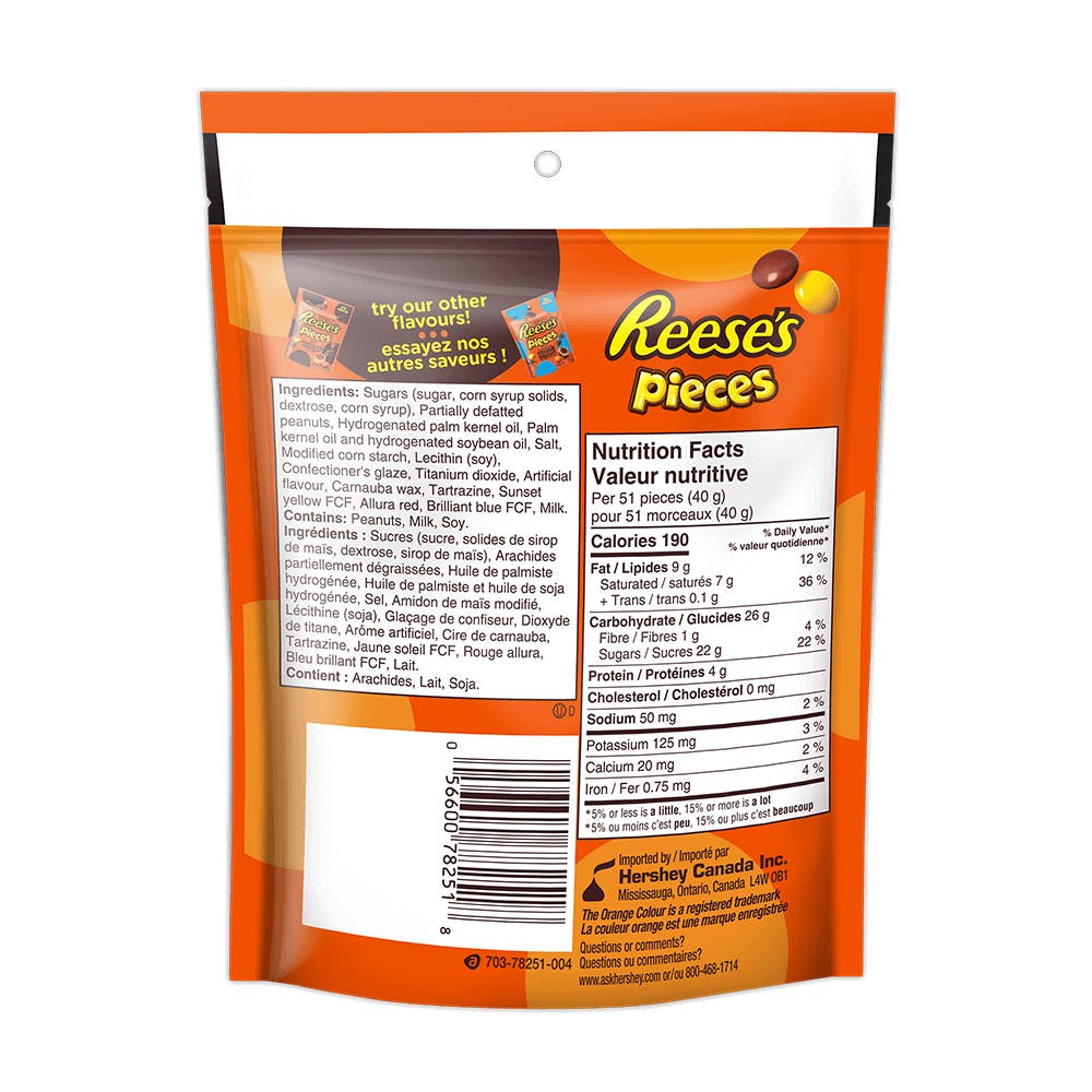 Friandises au beurre d’arachides REESE'S PIECES, sac de 230 g - Dos de l’emballage