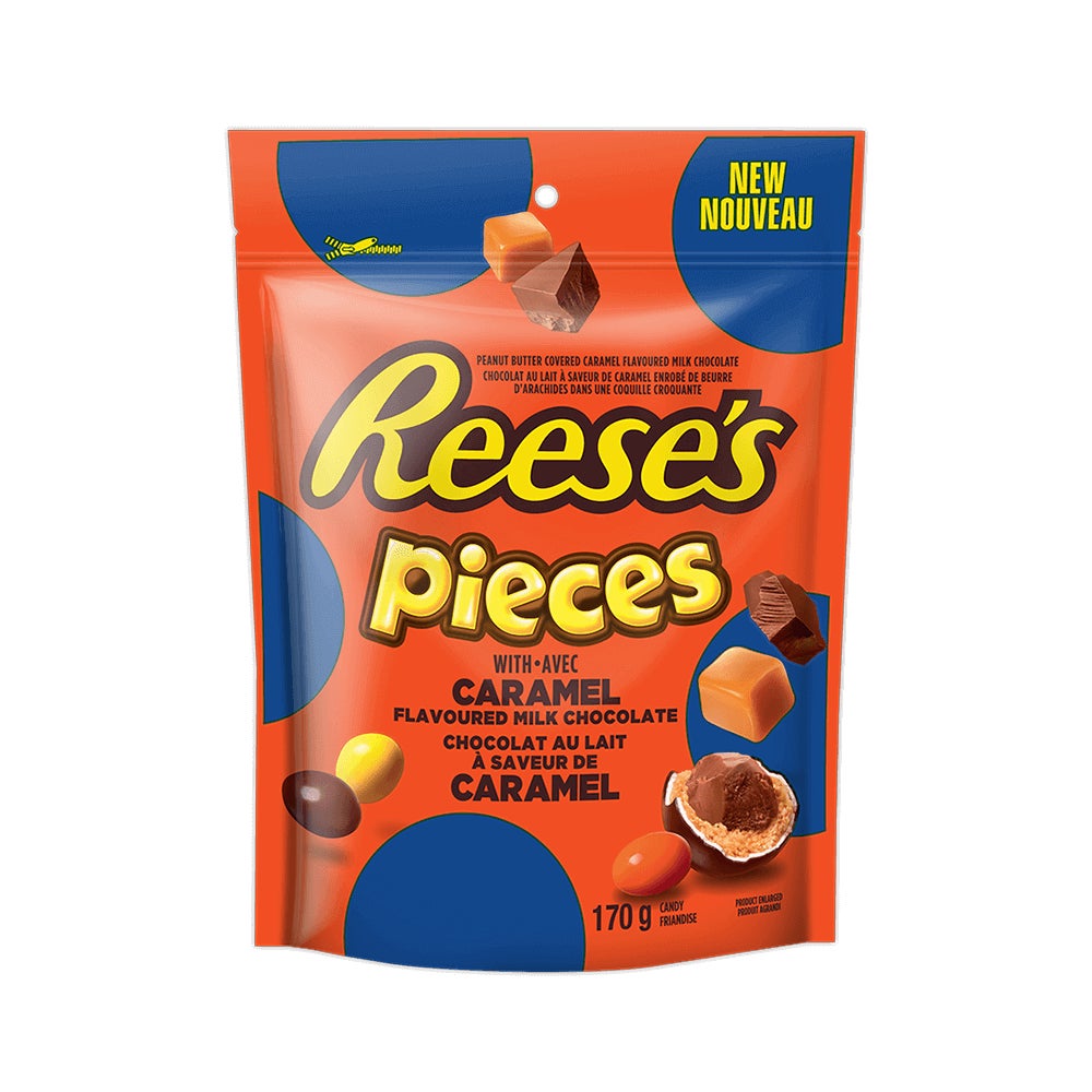 Friandises REESE'S PIECES chocolat au lait à saveur de caramel, sac de 170 g - Devant de l’emballage